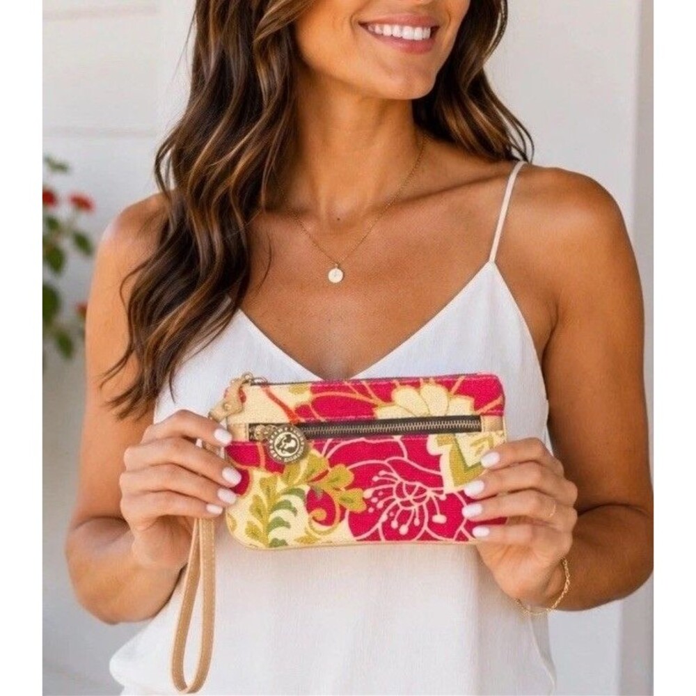 Spartina 449 Daufuski Island Floral Linen Wristlet Top Zip Pink Leather Trim EUC